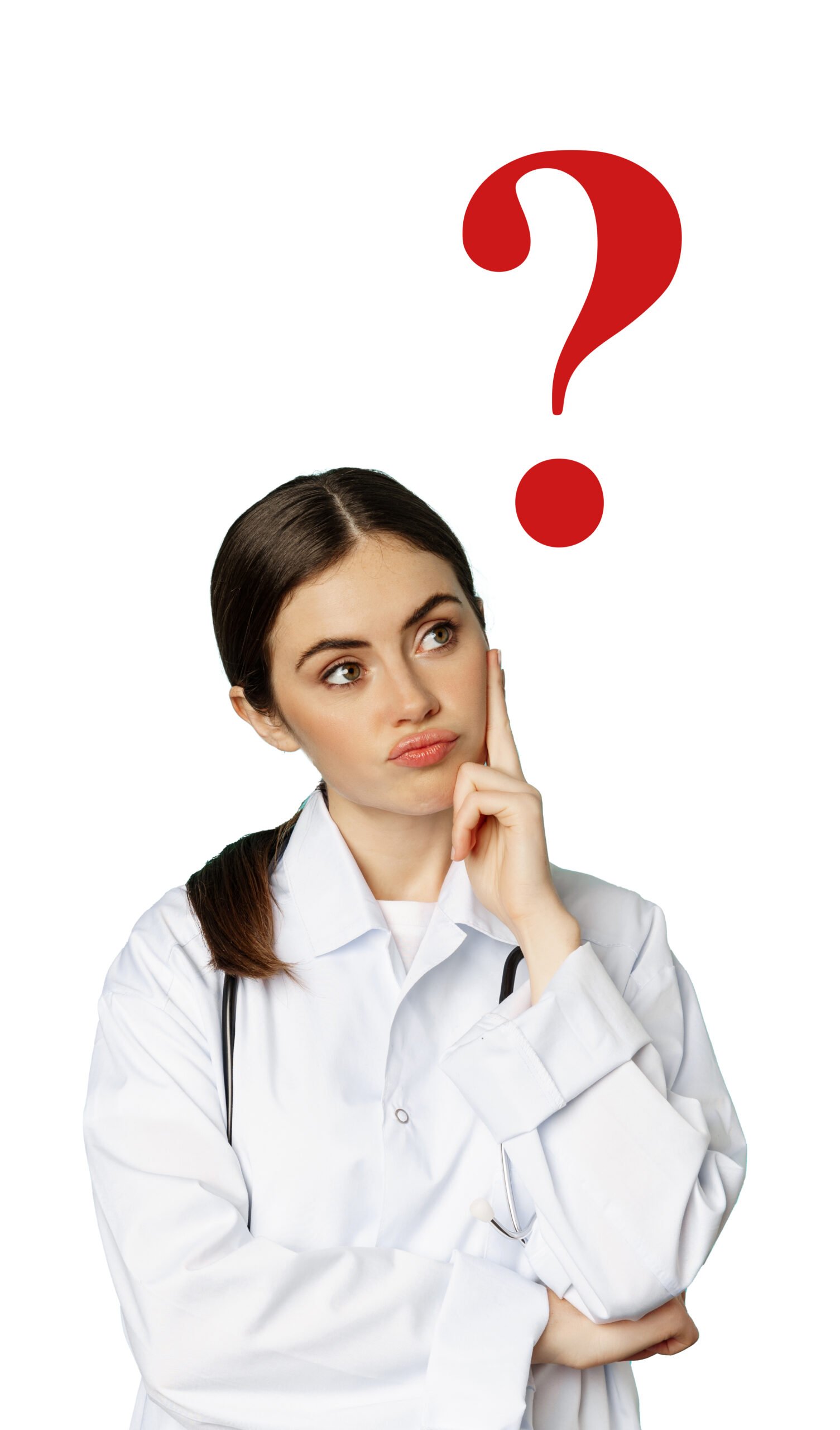 thoughtful medical worker, young doctor woman looking unamused, bored, standing in white coat against blue background