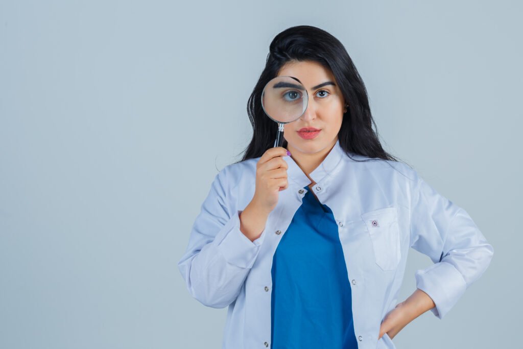 young girl holding magnifier, holding one hand on waist in medical uniform and looking serious. front view.